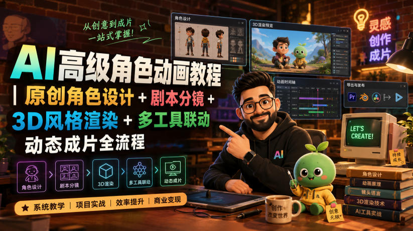 AI高级角色动画教程|原创角色设计+剧本分镜+3D风格渲染+多工具联动动态成片全流程【中英字幕】-来友网创