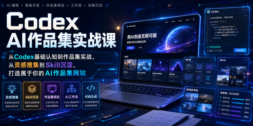 Codex AI作品集实战课,从Codex基础认知到作品集实战,从灵感搜集到Skill沉淀,打造属于你的AI作品集网站-来友网创