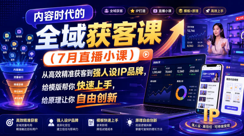 内容时代的全域获客课(7月直播小课),从高效精准获客到强人设IP品牌,给模版帮你快速上手,给原理让你自由创新-来友网创