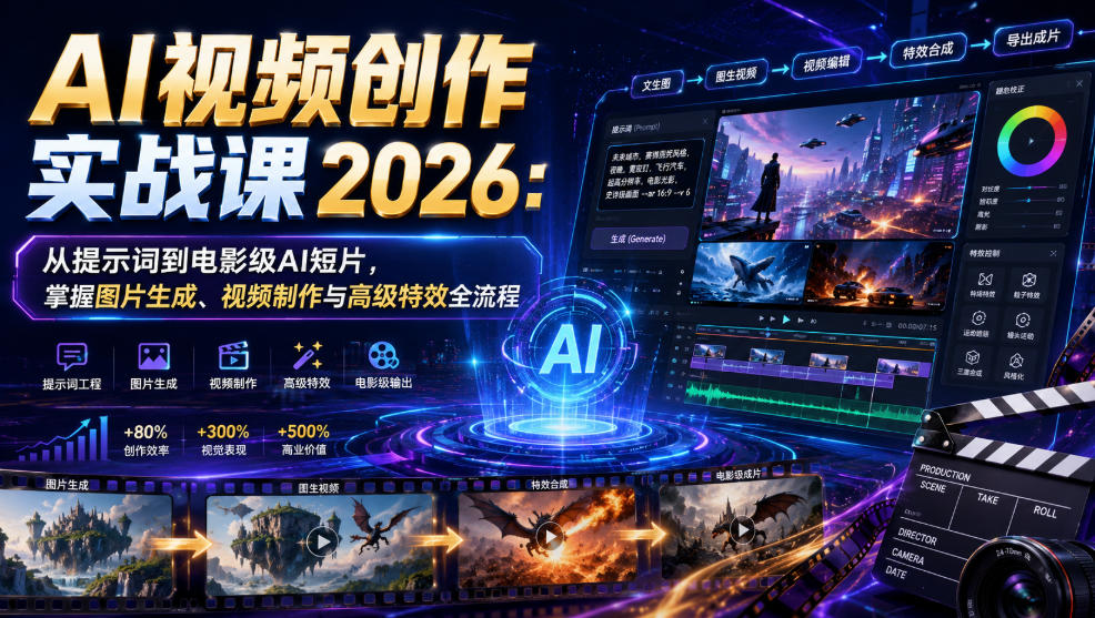 AI视频创作实战课2026:从提示词到电影级AI短片,掌握图片生成、视频制作与高级特效全流程-来友网创
