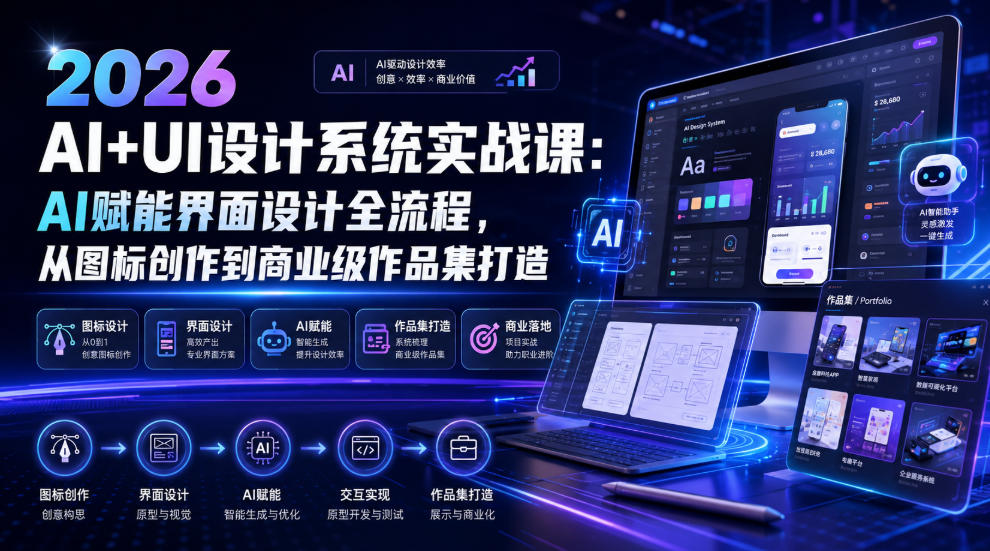 2026 AI+UI设计系统实战课:AI赋能界面设计全流程,从图标创作到商业级作品集打造-来友网创