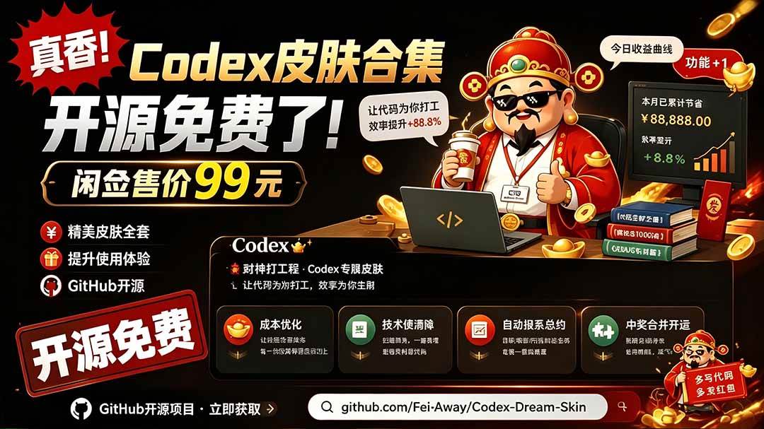 (19432期)闲鱼售卖99元的Codex皮肤包,GitHub 免费开源了!让你的codex变成精美界面 Codex Dream Skin-来友网创