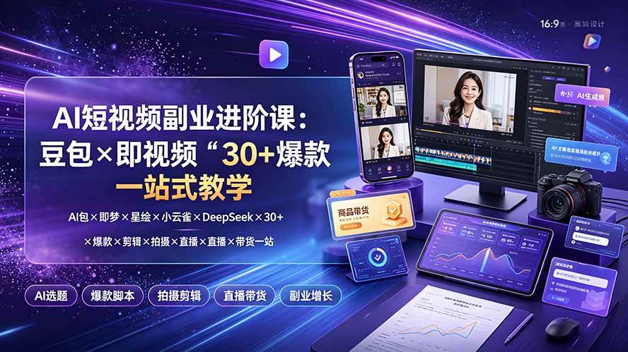 (19458期)AI短视频副业进阶课:豆包×即梦×星绘×小云雀×DeepSeek×30+爆款×剪辑×拍摄×直播×带货一站式教学-来友网创