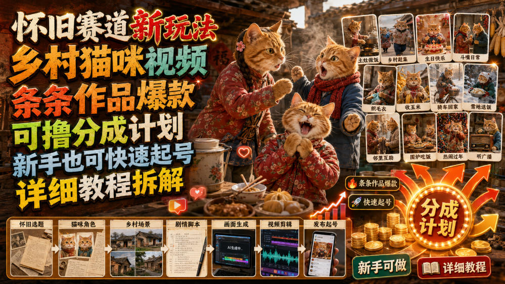 怀旧赛道新玩法,乡村猫咪视频,条条作品爆款,可撸分成计划,新手也可快速起号,详细教程拆解-来友网创
