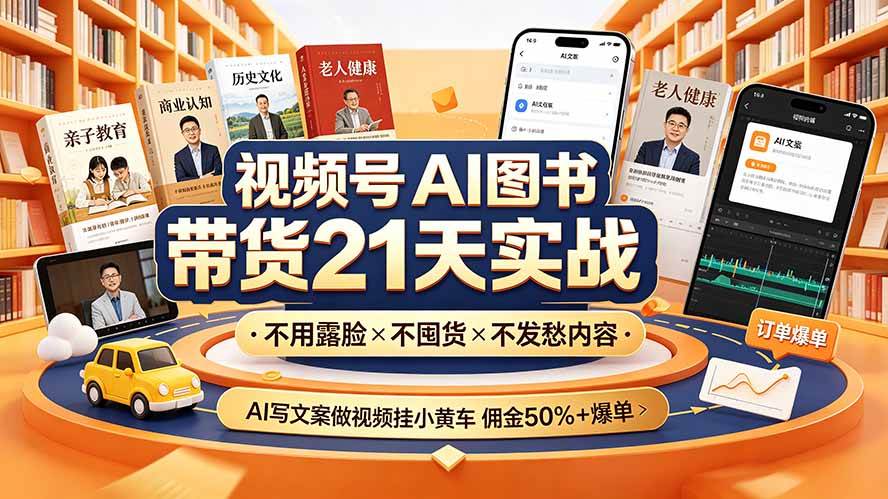 (19476期)视频号AI图书带货21天实战:不用露脸×不囤货×不发愁内容,AI写文案做视频挂小黄车,佣金50%+爆单-来友网创
