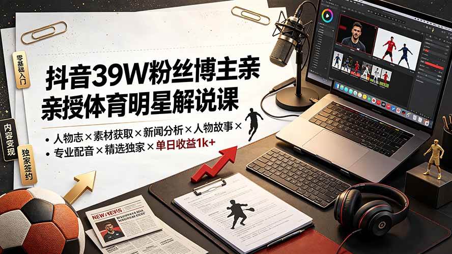 (19476期)抖音39W粉丝博主亲授体育明星解说课:人物志×素材获取×新闻分析×人物故事×专业配音×精选独家×单日收益1k+-来友网创