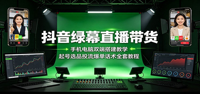 抖音绿幕直播带货:手机电脑双端搭建教学,起号选品投流爆单话术全套教程-来友网创
