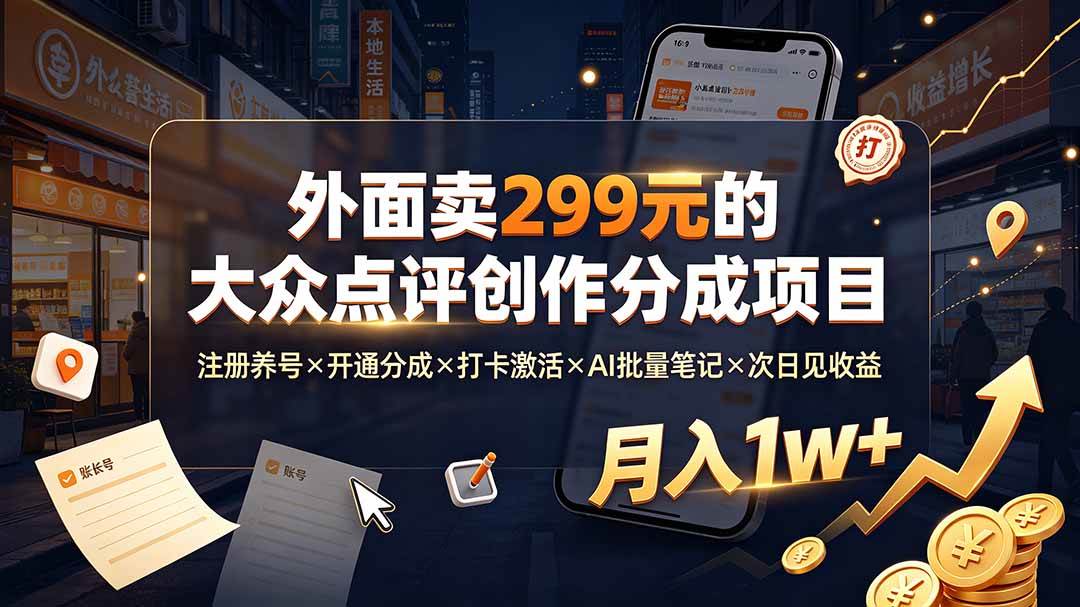 (19488期)外面卖299元的大众点评创作分成项目:注册养号×开通分成×打卡激活×AI批量笔记×次日见收益,月入1w+-来友网创