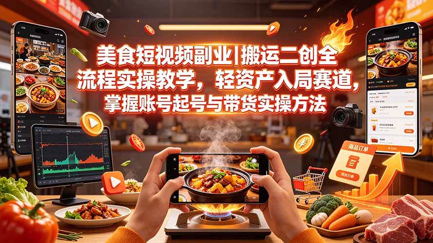 (19535期)美食短视频副业|搬运二创全流程实操教学,轻资产入局赛道,掌握账号起号与带货实操方法-来友网创