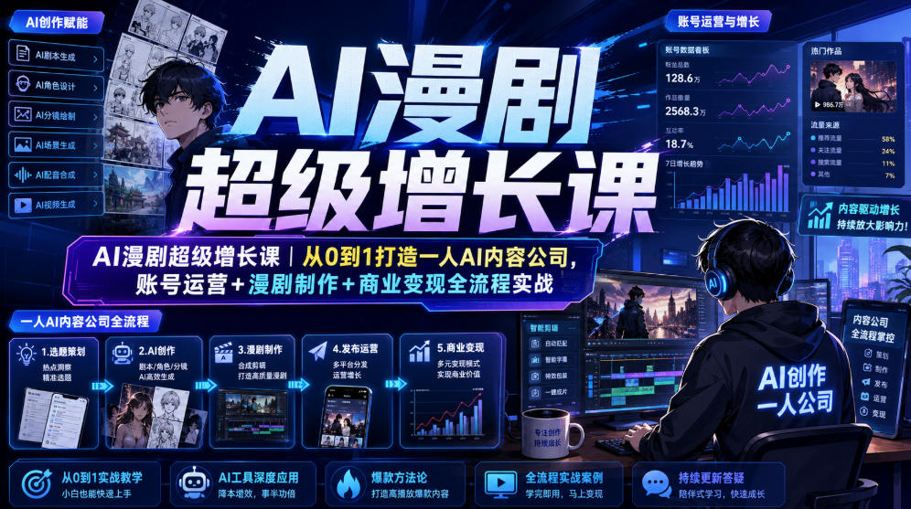 AI漫剧超级增长课|从0到1打造一人AI内容公司,账号运营+漫剧制作+商业变现全流程实战-来友网创