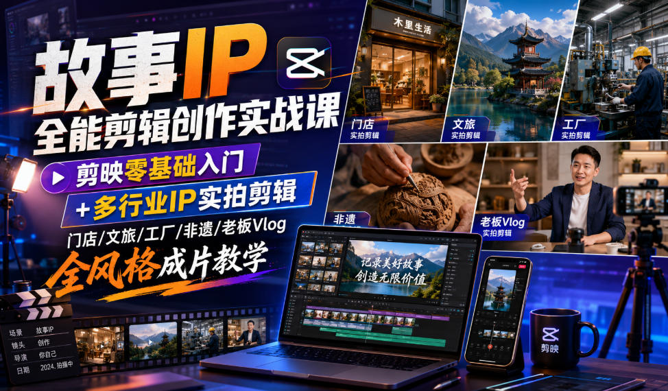 故事IP全能剪辑创作实战课|剪映零基础入门+多行业IP实拍剪辑,门店/文旅/工厂/非遗/老板Vlog全风格成片教学-来友网创