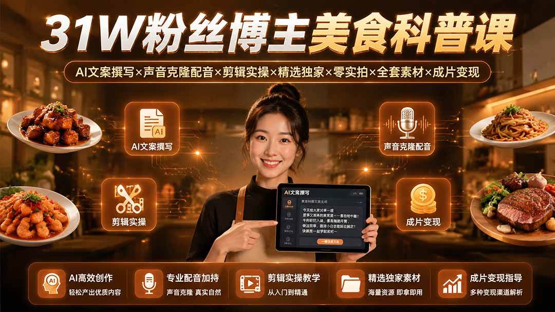 (19558期)31W粉丝博主美食科普课:AI文案撰写×声音克隆配音×剪辑实操×精选独家×零实拍×全套素材×成片变现-来友网创