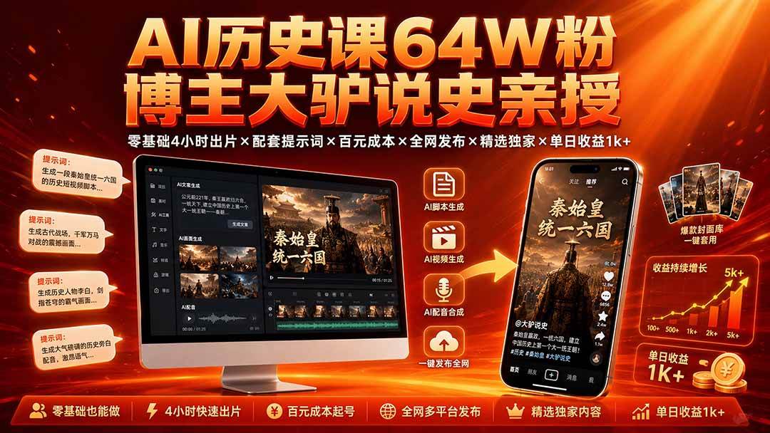 (19557期)AI历史课64W粉博主大驴说史亲授:零基础4小时出片×配套提示词×百元成本×全网发布×精选独家×单日收益1k+-来友网创