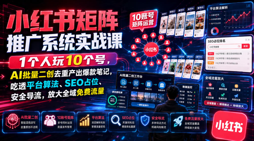 小红书矩阵推广系统实战课|1个人玩10个号,AI批量二创去重产出爆款笔记,吃透平台算法、SEO占位、安全导流,放大全域免费流量-来友网创