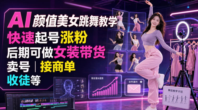 AI颜值美女跳舞教学,快速起号涨粉,后期可做女装带货,卖号,接商单,收徒等-来友网创