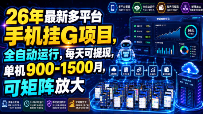 26年最新多平台手机挂G项目,全自动运行,每天可提现,单机900-1500月,可矩阵放大【揭秘】-来友网创