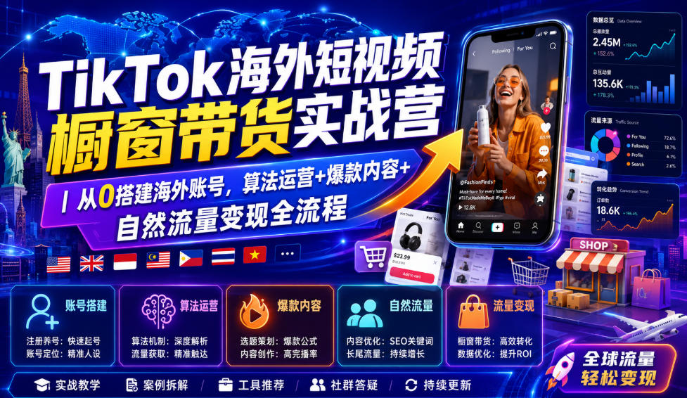 TikTok海外短视频橱窗带货实战营|从0搭建海外账号,算法运营+爆款内容+自然流量变现全流程-来友网创