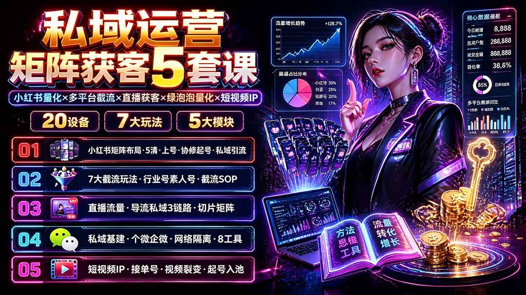 (19617期)私域运营矩阵获客5套课:小红书量化×多平台截流×直播获客×绿泡泡量化×短视频IP×20设备×7大玩法-来友网创