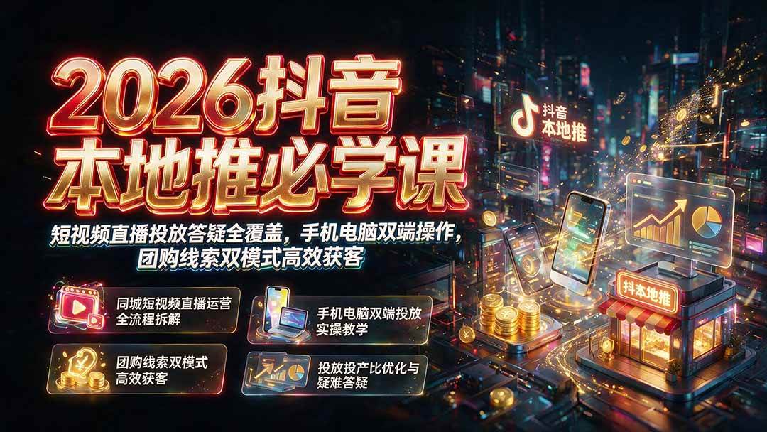 (19618期)2026抖音本地推必学课|短视频直播投放答疑全覆盖,手机电脑双端操作,团购线索双模式高效获客-来友网创