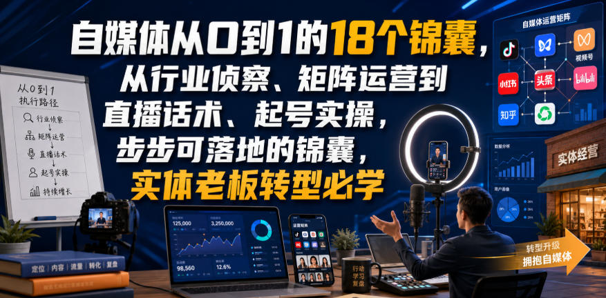 自媒体从0到1的18个锦囊,从行业侦察、矩阵运营到直播话术、起号实操,步步可落地的锦囊,实体老板转型必学-来友网创