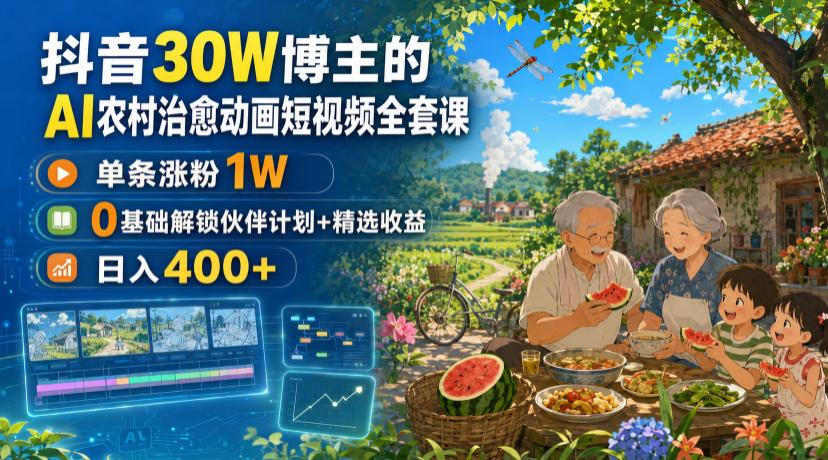 抖音30W博主的AI农村治愈动画短视频全套课|单条涨粉1W,0基础解锁伙伴计划+精选收益,日入400+-来友网创