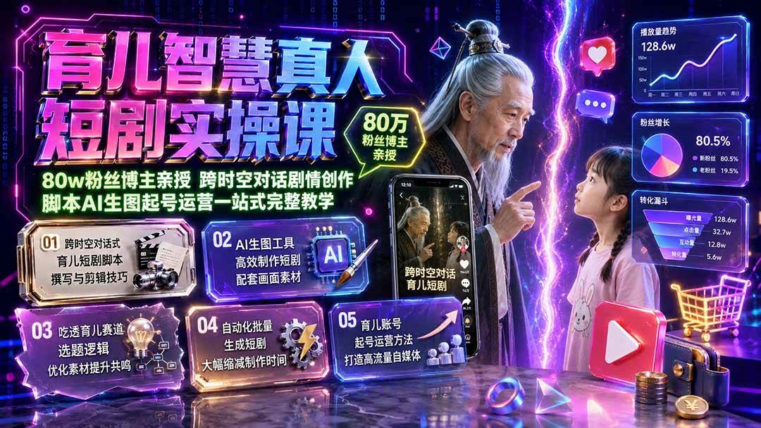 (19663期)育儿智慧真人短剧实操课|80w粉丝博主亲授,跨时空对话剧情创作,脚本AI生图起号运营一站式完整教学-来友网创