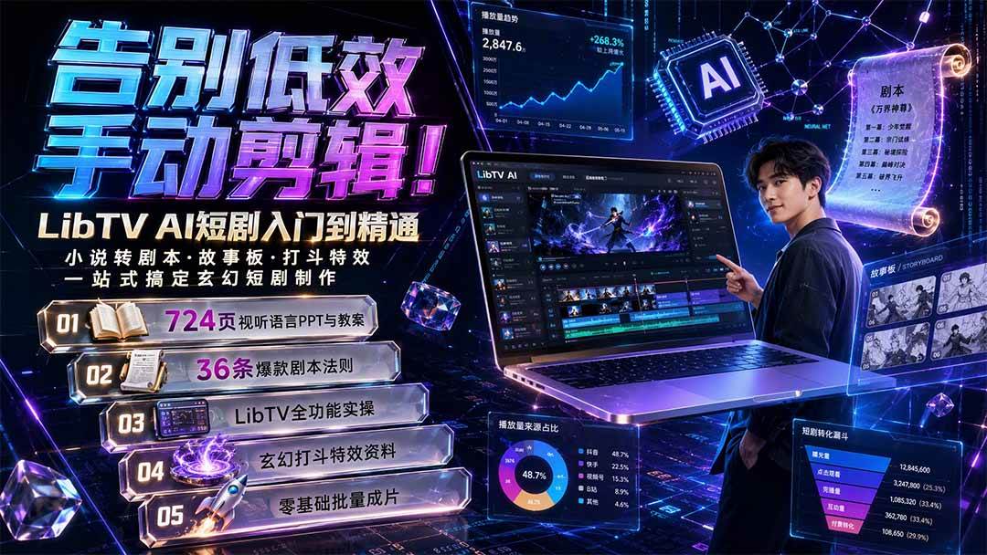 (19678期)告别低效手动剪辑!LibTV AI短剧入门到精通,小说转剧本方法,故事板打斗特效一站式搞定玄幻短剧制作-来友网创