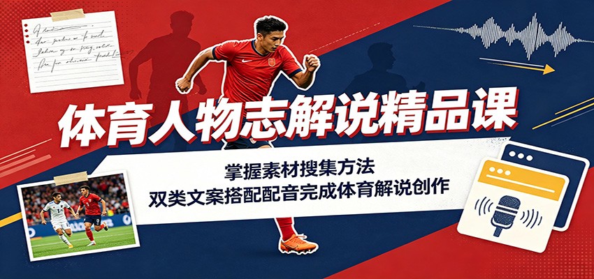 体育人物志解说精品课:掌握素材搜集方法,双类文案搭配配音完成体育解说创作-来友网创