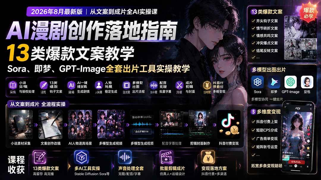 (19691期)AI漫剧创作落地指南|13类爆款文案教学,Sora、即梦、GPT-Image全套出片工具实操教学-来友网创