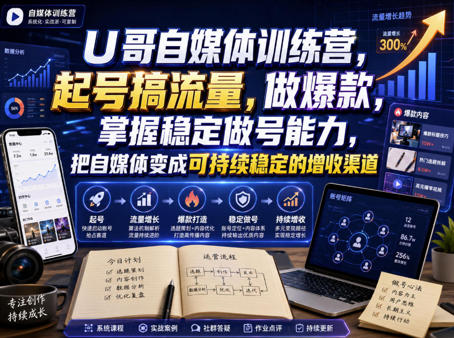U哥自媒体训练营,起号搞流量,做爆款,掌握稳定做号能力,把自媒体变成可持续稳定的增收渠道-来友网创