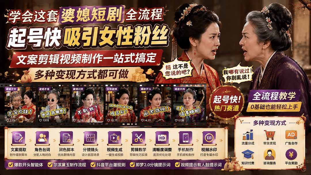 (19704期)学会这套婆媳短剧全流程:起号快吸引女性粉丝,文案剪辑视频制作一站式搞定,多种变现方式都可做-来友网创