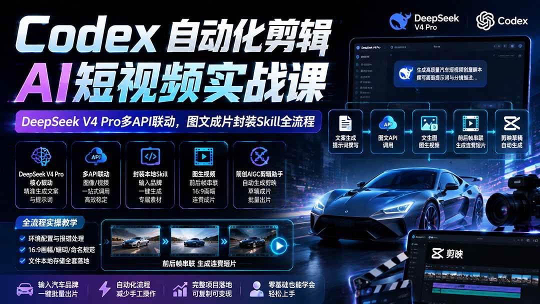 (19711期)Codex自动化剪辑AI短视频实战课|DeepSeek V4 Pro多API联动,图文成片封装Skill全流程-来友网创