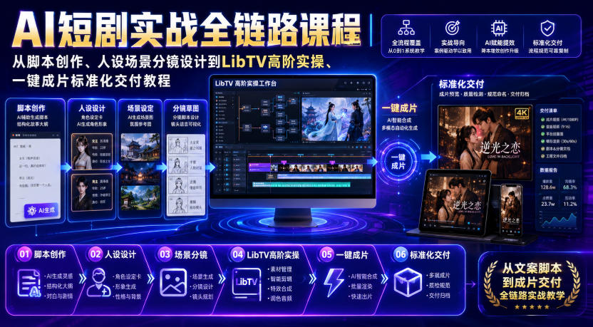 AI短剧实战全链路课程|从脚本创作、人设场景分镜设计到LibTV高阶实操、一键成片标准化交付教程-来友网创