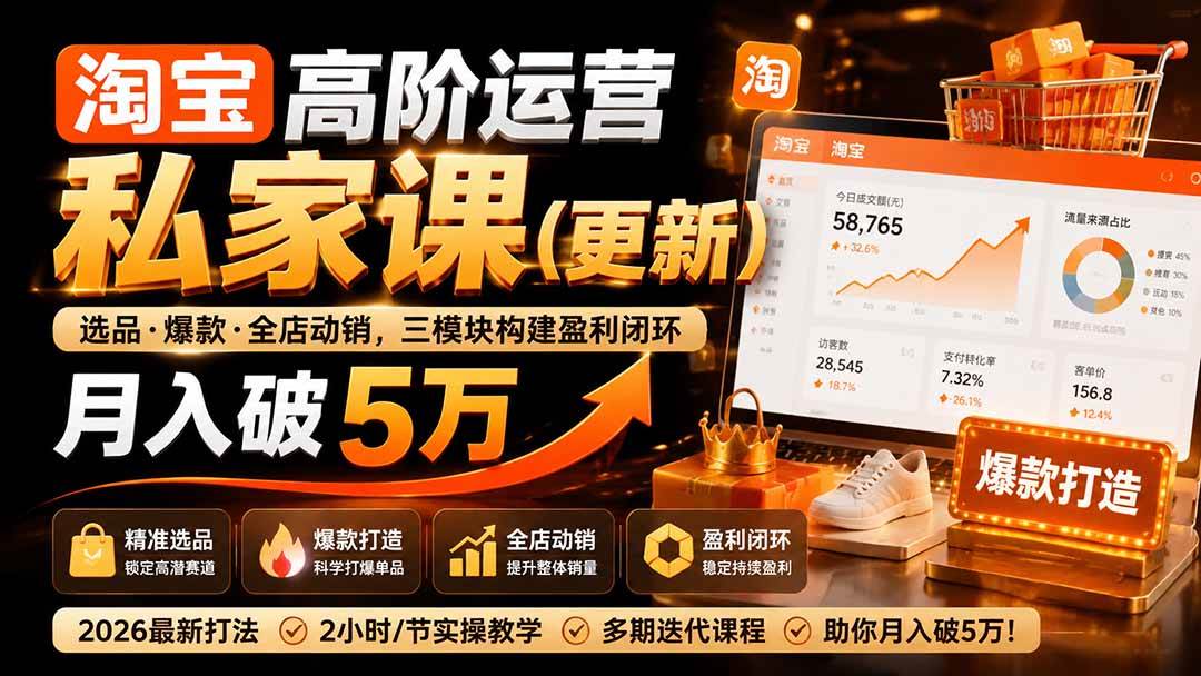 (19726期)淘宝高阶运营私家课(更新26年4月18):选品、爆款、全店动销,三模块构建盈利闭环,月入破5万-来友网创