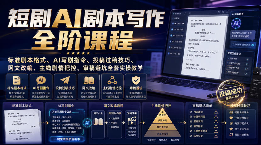 短剧AI剧本写作全阶课程|标准剧本格式、AI写剧指令、投稿过稿技巧、网文改编、主线剧情把控、审稿避坑全套实操教学-来友网创