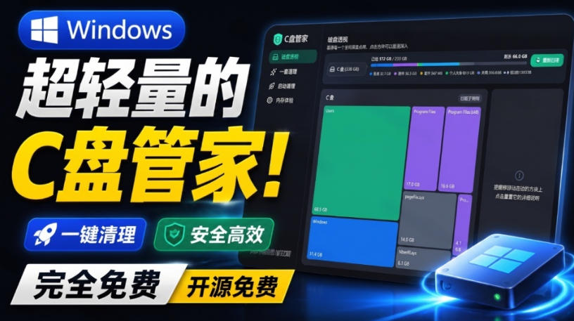 Windows超轻量的C盘管家!超级有特点,支持磁盘分析及清理提醒,2M大小体积,完全免费C盘管家-来友网创