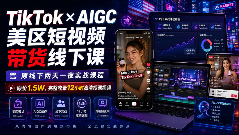 TikTok×AIGC美区短视频带货线下课,原线下两天一夜实战课程,原价1.5W,完整收录12小时高清授课视频-来友网创