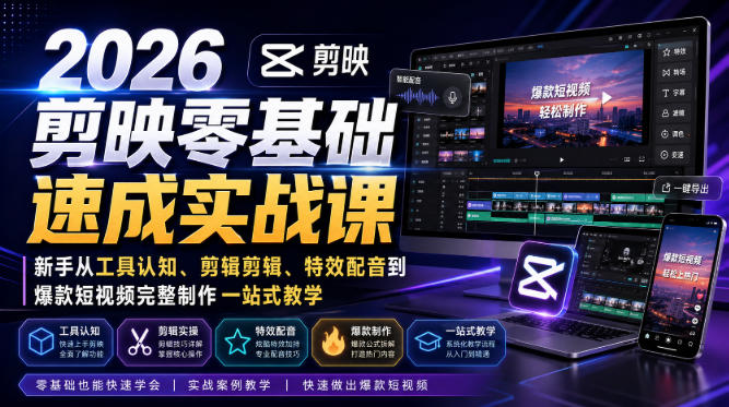 2026剪映零基础速成实战课|新手从工具认知、剪辑剪辑、特效配音到爆款短视频完整制作一站式教学-来友网创
