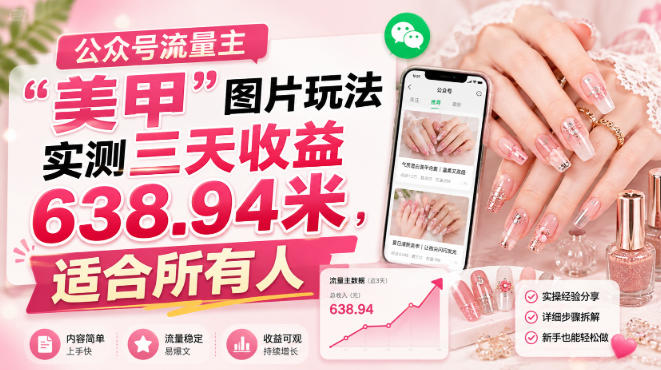 公众号流量主”美甲”图片玩法实测三天收益638.94米,适合所有人-来友网创