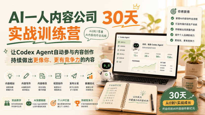 AI一人内容公司30天实战训练营,让Codex Agent自动参与内容创作持续做出更像你、更有竞争力的内容-来友网创