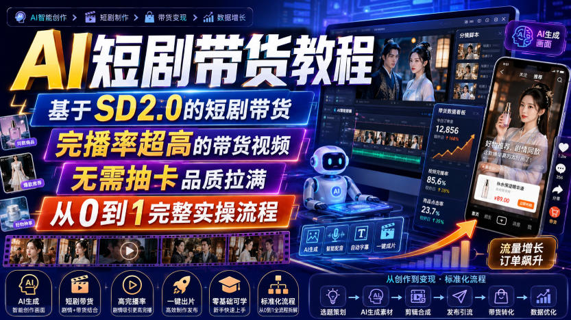 AI短剧带货教程,基于SD2.0的短剧带货,完播率超高的带货视频,无需抽卡品质拉满,从0到1完整实操流程-来友网创