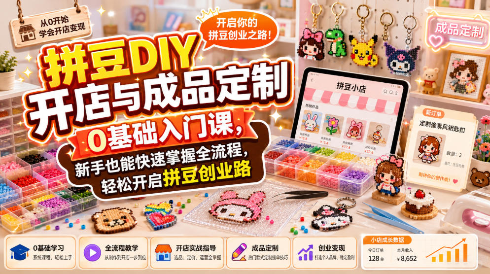 拼豆DIY开店与成品定制0基础入门课,新手也能快速掌握全流程,轻松开启拼豆创业路-来友网创