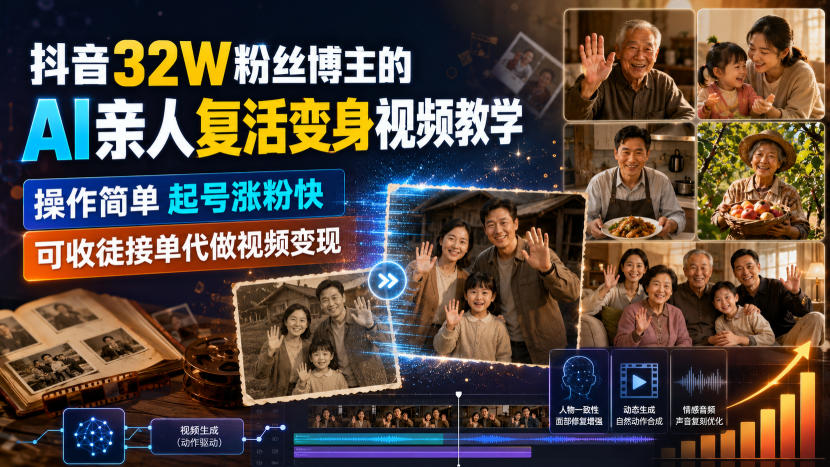 抖音32W粉丝博主的AI亲人复活变身视频教学,操作简单,起号涨粉快,可收徒接单代做视频变现-来友网创