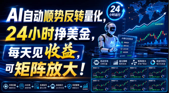 AI自动顺势反转量化,24小时挣美金,每天见收益,可矩阵放大!【揭秘】-来友网创