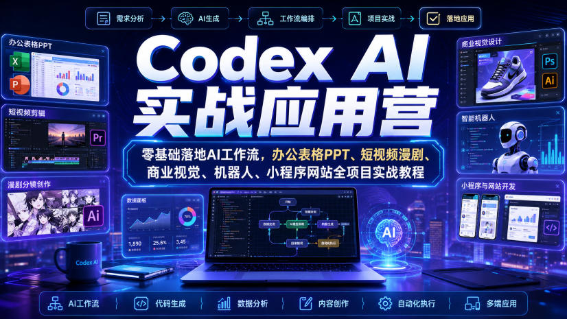 Codex AI实战应用营|零基础落地AI工作流,办公表格PPT、短视频漫剧、商业视觉、机器人、小程序网站全项目实战教程-来友网创