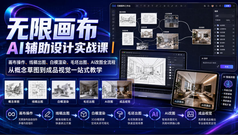 无限画布AI辅助设计实战课|画布操作、线稿出图、白模渲染、毛坯出图、AI改图全流程,从概念草图到成品视觉一站式教学-来友网创