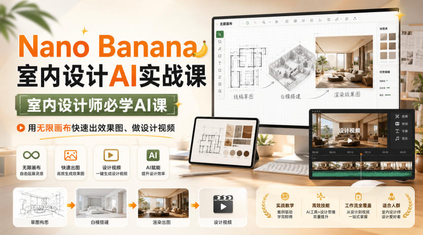 Nano Banana室内设计AI实战课,室内设计师必学AI课,用无限画布快速出效果图、做设计视频-来友网创