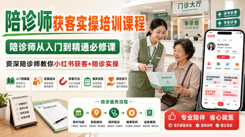 陪诊师获客实操培训课程,陪诊师从入门到精通必修课,资深陪诊师教你小红书获客+陪诊实操-来友网创