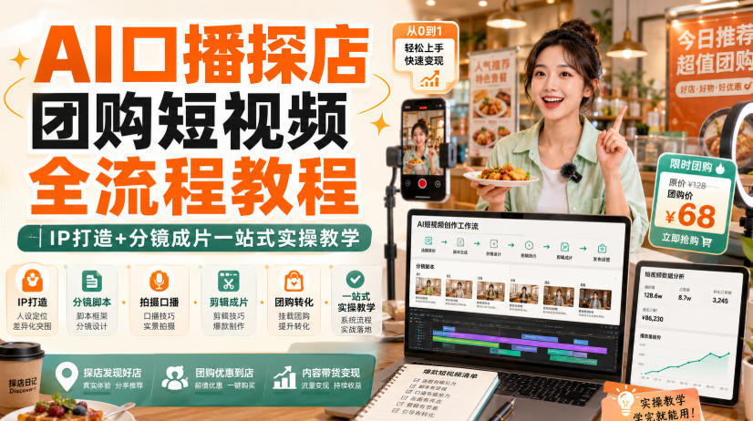 AI口播探店团购短视频全流程教程|IP打造+分镜成片一站式实操教学-来友网创