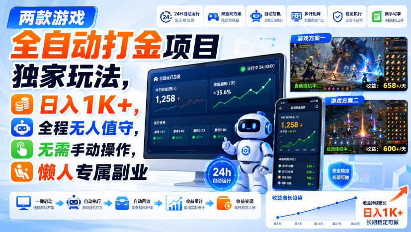 两款游戏全自动打金项目独家玩法,日入1K+,全程无人值守,无需手动操作,懒人专属副业【揭秘】-来友网创